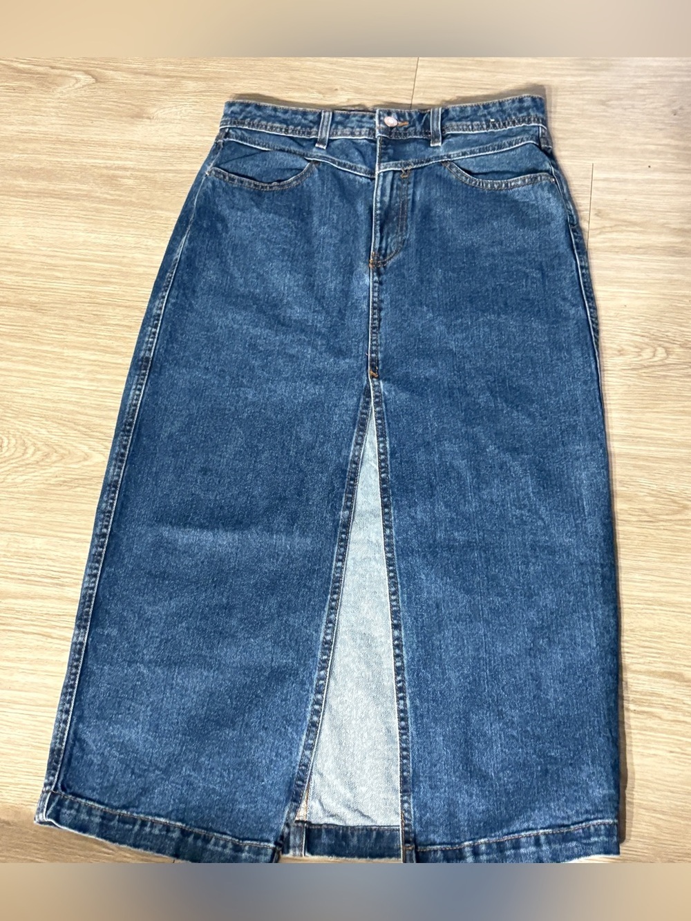 Lefties Vintage Denim  Maxi Stretch High-Waisted Front Slit A-Line Jean Skirt